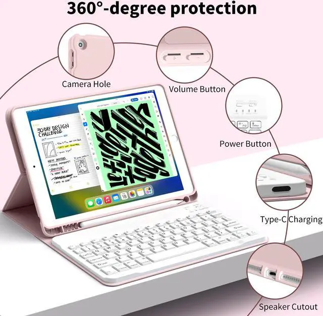 Alt view image 3 of 5 - GKABXY Case with Keyboard for iPad 10.2 inch 2021/2020/2019, iPad 9th/8th/7th Generation Detachable Bluetooth Keyboard Cover with Pencil Holder, Multi-Angle Stand for Study/Office/Travel (Pink)
