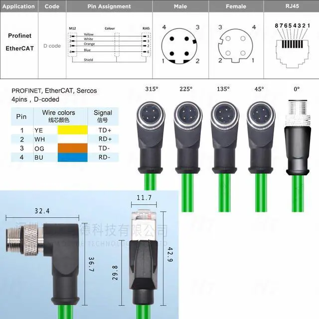 Alt view image 4 of 5 - HangTon M12 4 Pin D-Coded Right Angle to RJ45 Ethernet Network for Omron Datalogic Sick Industrial Vision Sensor PoE PC CAT5e Green 2m