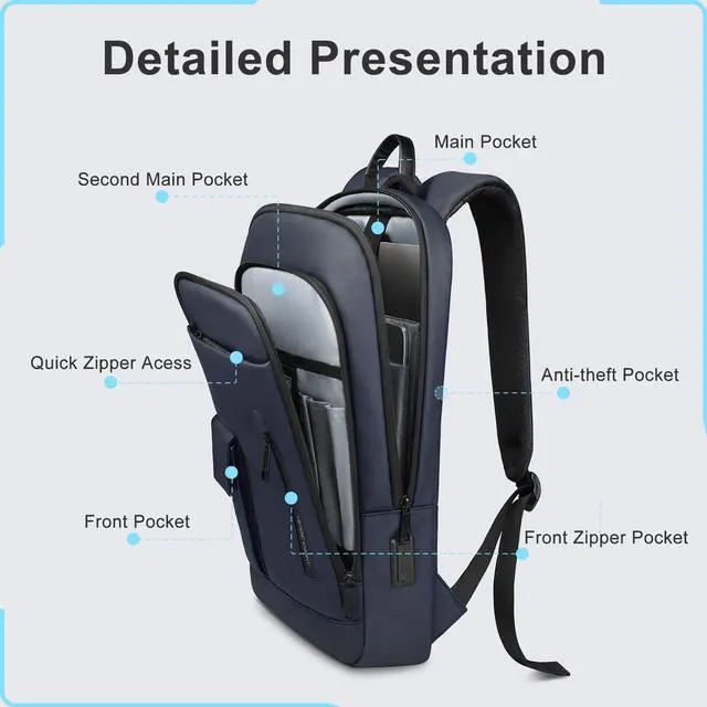 Alt view image 3 of 5 - Mens Backpack Slim Business Backpack with USB Charging Port Lightweight Computer Backpacks for 16 Inch Laptop Bag Water-Resistant Anti-Theft Daypack for Daily Office Work College Travel-Blue