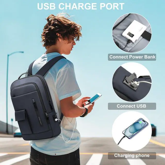 Alt view image 4 of 5 - Mens Backpack Slim Business Backpack with USB Charging Port Lightweight Computer Backpacks for 16 Inch Laptop Bag Water-Resistant Anti-Theft Daypack for Daily Office Work College Travel-Blue