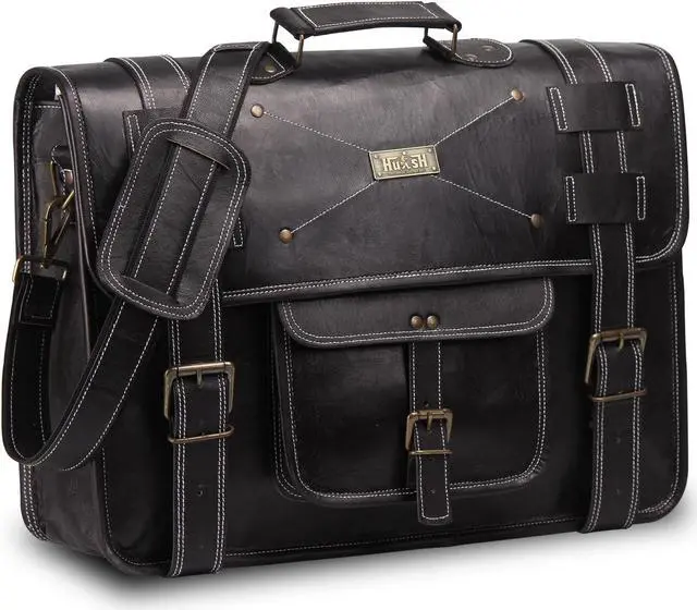 Main image of HULSH Spacious Leather Laptop Bag for Men - Everyday Briefcase Messenger Bag - Handmade - 17 inch (Black)
