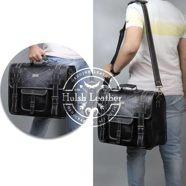 Alt view image 4 of 5 - HULSH Spacious Leather Laptop Bag for Men - Everyday Briefcase Messenger Bag - Handmade - 17 inch (Black)