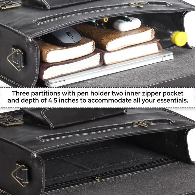 Alt view image 3 of 5 - HULSH Spacious Leather Laptop Bag for Men - Everyday Briefcase Messenger Bag - Handmade - 17 inch (Black)