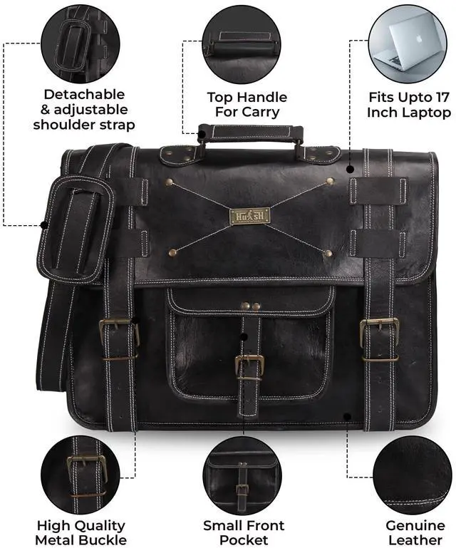 Alt view image 5 of 5 - HULSH Spacious Leather Laptop Bag for Men - Everyday Briefcase Messenger Bag - Handmade - 17 inch (Black)
