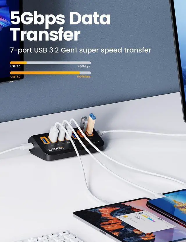 Alt view image 2 of 5 - USB Hub 3.0[5Gbps Stable Transfer], iDsonix 7 Ports USB Hub 3.2ft 90° Connector, USB Splitter Extra USB Ports for Laptops,Surface,Xbox,iMac,MacBook,PS5/PS4,Flash Drive,Keyborad,Mouse,Printer