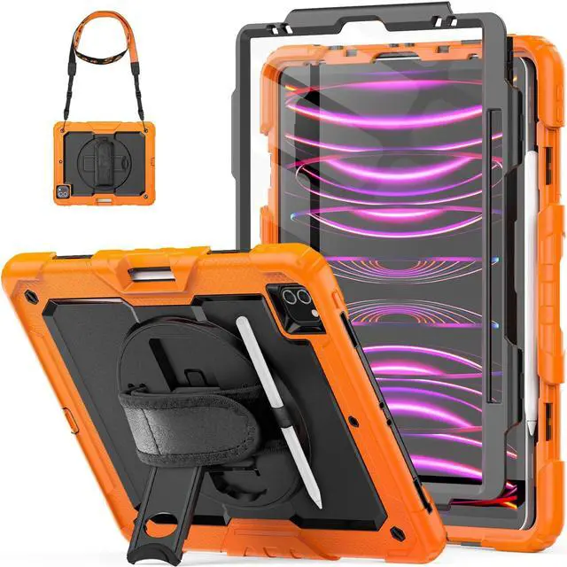 Main image of HXCASEAC Case for iPad Pro 12.9 Case 6th 5th 4th 3rd Generation with Pencil Holder/Hand Strap/Screen Protector/Wireless Charge Attachment, Heavy Duty Protective 12.9-inch 2022/2021/2020/2018 - Orange