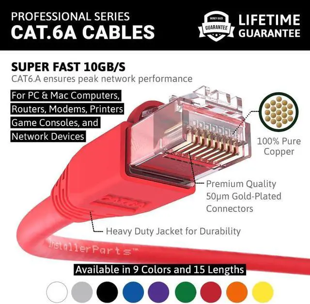 Alt view image 2 of 5 - InstallerParts Ethernet Cable CAT6A Cable UTP Booted 50 FT - Red - Professional Series - 10Gigabit/Sec Network/High Speed Internet Cable, 550MHZ