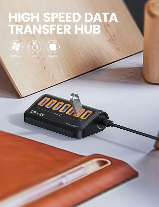Alt view image 3 of 5 - USB Hub 3.0[5Gbps Stable Transfer], iDsonix 7 Ports USB Hub 3.2ft 90° Connector, USB Splitter Extra USB Ports for Laptops,Surface,Xbox,iMac,MacBook,PS5/PS4,Flash Drive,Keyborad,Mouse,Printer
