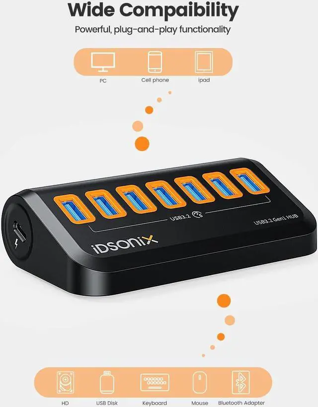 Alt view image 4 of 5 - USB Hub 3.0[5Gbps Stable Transfer], iDsonix 7 Ports USB Hub 3.2ft 90° Connector, USB Splitter Extra USB Ports for Laptops,Surface,Xbox,iMac,MacBook,PS5/PS4,Flash Drive,Keyborad,Mouse,Printer