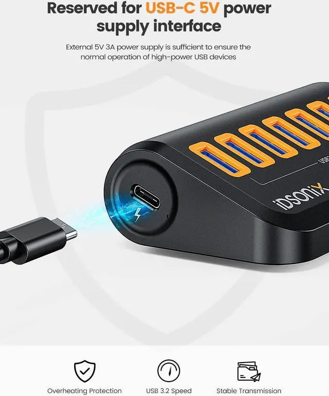 Alt view image 5 of 5 - USB Hub 3.0[5Gbps Stable Transfer], iDsonix 7 Ports USB Hub 3.2ft 90° Connector, USB Splitter Extra USB Ports for Laptops,Surface,Xbox,iMac,MacBook,PS5/PS4,Flash Drive,Keyborad,Mouse,Printer