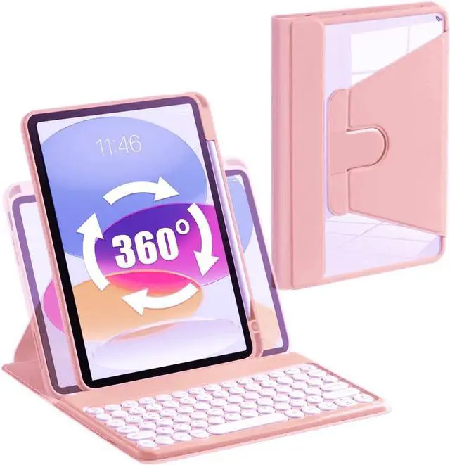 Main image of AnMengXinLing Keyboard Case for iPad Air 11 inch 2025(M3)/2024(M2)/Air 5/Air 4/Pro 11, Rotate Case with Detachable Round Keys Keyboard and Clear Cover, Pink
