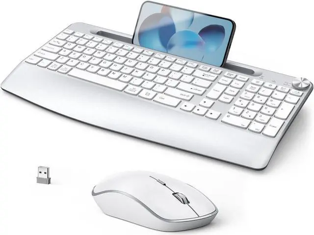 Main image of JOYACCESS Ergonomic Wireless Keyboard and Mouse, Full Size Wireless Keyboard Designed with Phone Holder and Wrist Rest,Volume Roller for Computer Mac PC Laptop-Silver