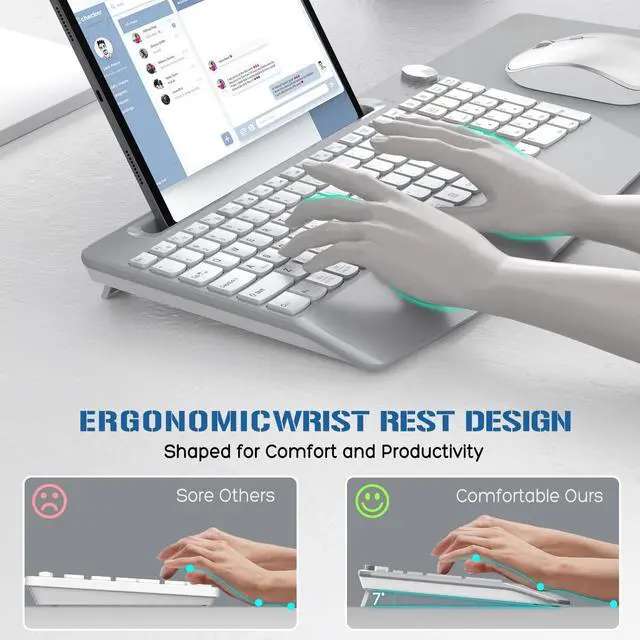 Alt view image 2 of 5 - JOYACCESS Ergonomic Wireless Keyboard and Mouse, Full Size Wireless Keyboard Designed with Phone Holder and Wrist Rest,Volume Roller for Computer Mac PC Laptop-Silver