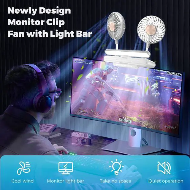 Alt view image 2 of 5 - Space-Saving Clip Fan Light, USB-Powered Cooling 3D Fan Study Lamp with LED Light Bar, Personal Climate Management for Monitor/Laptop/Flat/Bedside/Bookshelf/Music Stand (Glacier Silver)