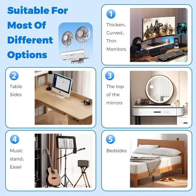 Alt view image 4 of 5 - Space-Saving Clip Fan Light, USB-Powered Cooling 3D Fan Study Lamp with LED Light Bar, Personal Climate Management for Monitor/Laptop/Flat/Bedside/Bookshelf/Music Stand (Glacier Silver)