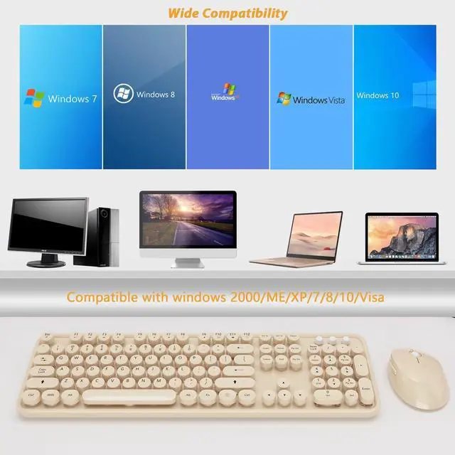 Alt view image 5 of 5 - Kootop Wireless Keyboard and Mouse Combo, Cute Colorful 104 Keys Typewriter Retro Round Keycaps Keyboard for PC Laptop,Desktop,Windows, Home and Office Keyboards Coffee