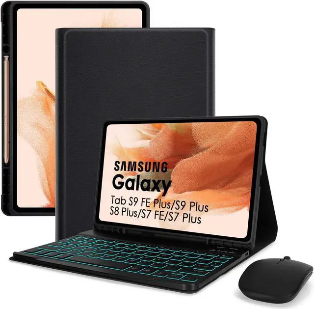 Main image of LAMA Backlit Keyboard Case with Mouse for Samsung Galaxy 12.4 inch S10 Plus/S9 FE+/S9+/S8+, 12.4" S7 FE/S7 Plus Case with Keyboard & S Pen Holder, Detachable Keyboard Case with Slim Cover, Black