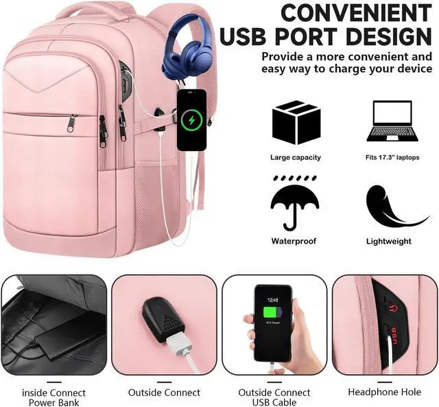 Alt view image 5 of 5 - Lapsouno Travel Laptop Backpack,Sturdy Large 17 inch Carry on Travel Backpack,TSA Flight Approved Business Backpack,Waterproof Anti-Theft USB College Backpack,Backpack for Men Women (Grey+Light Pink)