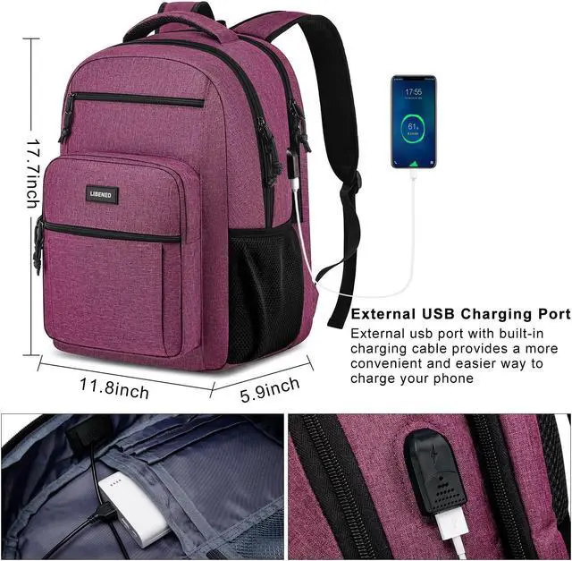 Alt view image 3 of 5 - LIBENED School Backpack for Teens Girls and Boys, Lightweight and Sturdy Bookbag for College with USB Charging Port, Red