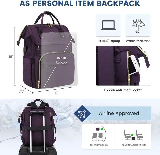 Alt view image 4 of 5 - LOVEVOOK College Laptop Backpack, 15.6 Inch Travel Backpack for College, Waterproof Work Backpack Woman for Teacher Nurse Anti-theft Travel Back Pack, Gifts for Women,Dark Purple