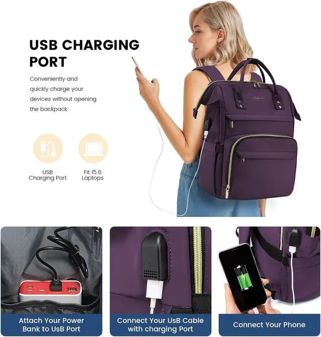 Alt view image 3 of 5 - LOVEVOOK College Laptop Backpack, 15.6 Inch Travel Backpack for College, Waterproof Work Backpack Woman for Teacher Nurse Anti-theft Travel Back Pack, Gifts for Women,Dark Purple