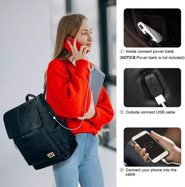 Alt view image 2 of 5 - LXY Leather Laptop Backpack Women Vintage Travel Computer Backpack with USB Charging Port, Laptop Purse Book Bag for Ladies Black