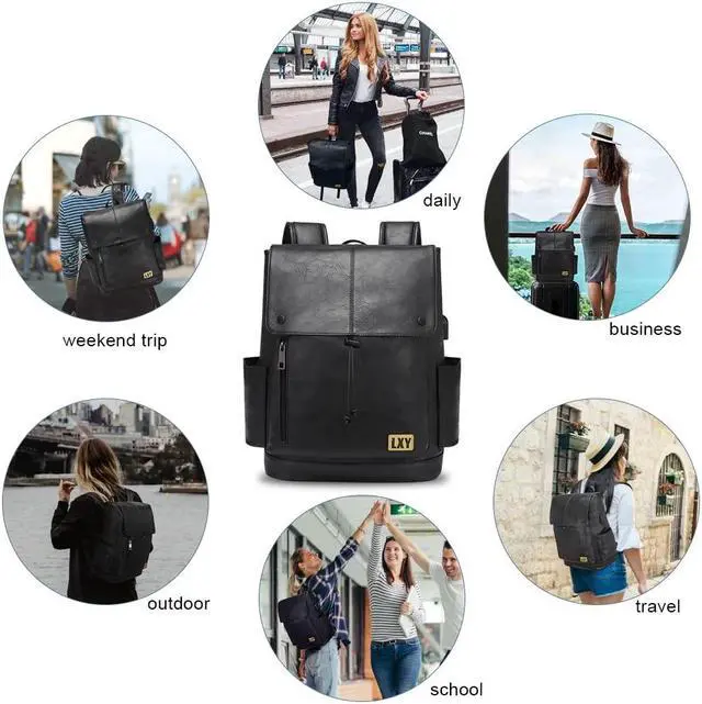 Alt view image 3 of 5 - LXY Leather Laptop Backpack Women Vintage Travel Computer Backpack with USB Charging Port, Laptop Purse Book Bag for Ladies Black