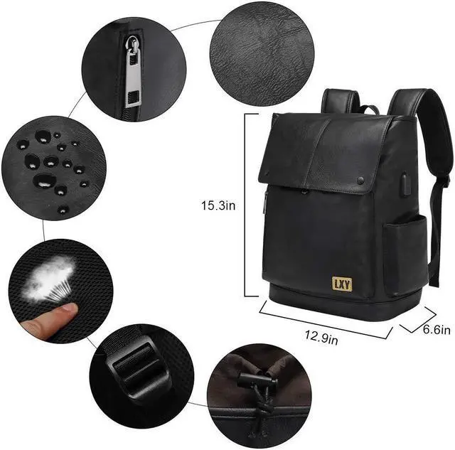 Alt view image 4 of 5 - LXY Leather Laptop Backpack Women Vintage Travel Computer Backpack with USB Charging Port, Laptop Purse Book Bag for Ladies Black