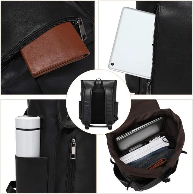 Alt view image 5 of 5 - LXY Leather Laptop Backpack Women Vintage Travel Computer Backpack with USB Charging Port, Laptop Purse Book Bag for Ladies Black