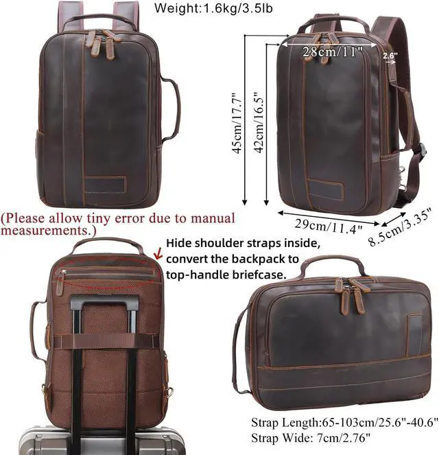 Alt view image 4 of 5 - Masa Kawa Leather 15.6" Laptop Backpack for Men Convertible Briefcase Backpacks Expandable Vintage Business Work Travel Rucksack Daypack, Brown