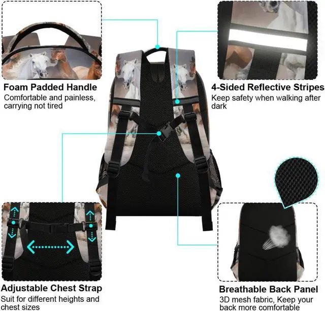 Alt view image 3 of 5 - MFTJYO Horse Backpack for Girls Backpacks for Elementary 3D Animal Horses Print School Book Bag Schoolbag Kids Bookbag College Travel Laptop Daypack Casual Rucksack