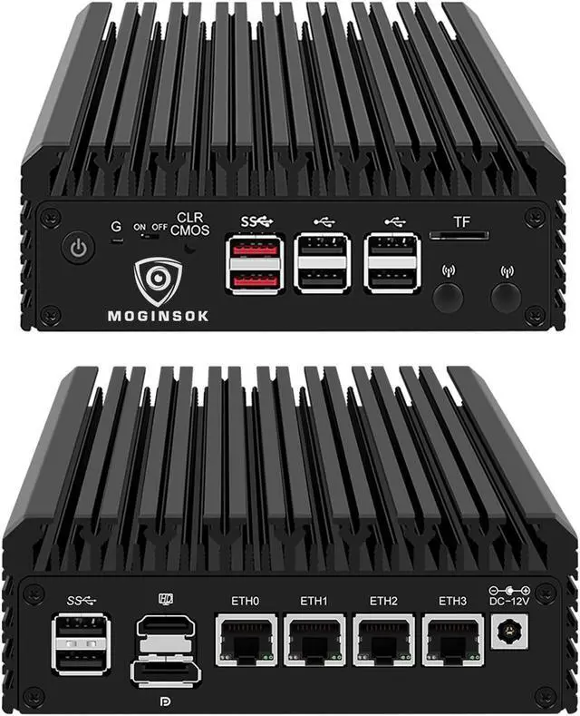 Main image of MOGINSOK Firewall Appliance Mini PC 2.5Gbe, with 12th N100(up to 3.4GHz) Fanless Mini Computer Router with 4xIntel I226 Nics 8GB DDR5 Ram 128GB M.2 PCIE 3.0 SSD Support PFsense OPNsense AES-NI