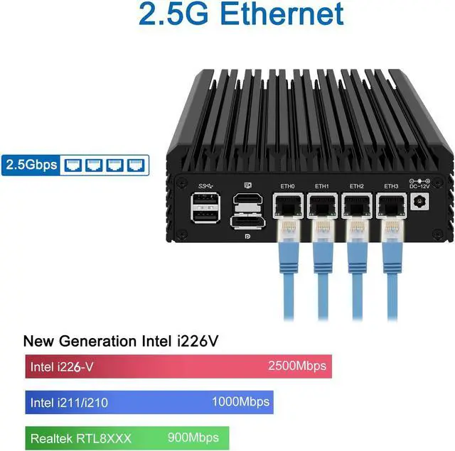 Alt view image 5 of 5 - MOGINSOK Firewall Appliance Mini PC 2.5Gbe, with 12th N100(up to 3.4GHz) Fanless Mini Computer Router with 4xIntel I226 Nics 8GB DDR5 Ram 128GB M.2 PCIE 3.0 SSD Support PFsense OPNsense AES-NI