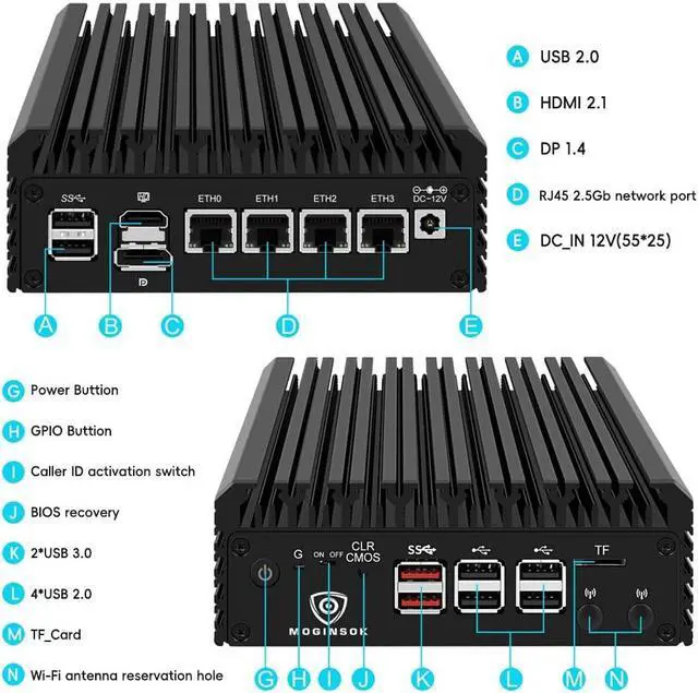 Alt view image 4 of 5 - MOGINSOK Firewall Appliance Mini PC 2.5Gbe, with 12th N100(up to 3.4GHz) Fanless Mini Computer Router with 4xIntel I226 Nics 8GB DDR5 Ram 128GB M.2 PCIE 3.0 SSD Support PFsense OPNsense AES-NI