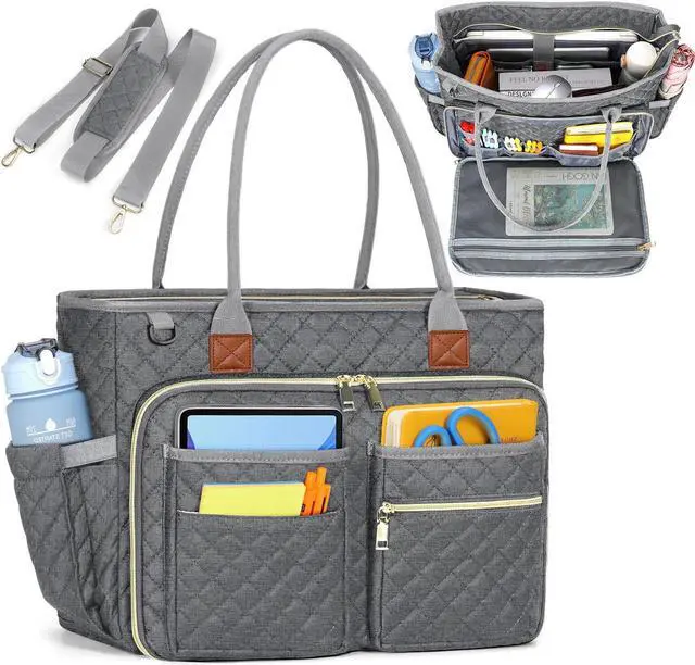 Main image of RAINSMORE Teacher Tote Bag 15.6 inch Laptop Bag for Women Work Bags Laptop Tote Nurse Bag Professional Computer Messenger with Insulated Pocket, Laptop Briefcase for Office, College, Nursing, Grey