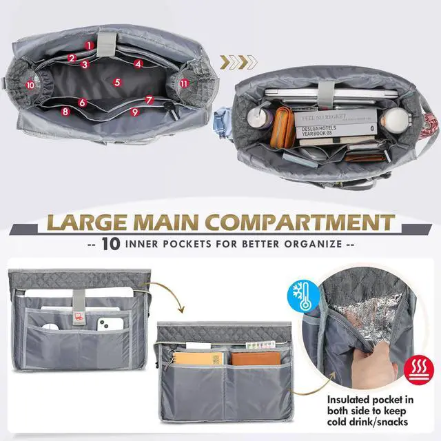 Alt view image 2 of 5 - RAINSMORE Teacher Tote Bag 15.6 inch Laptop Bag for Women Work Bags Laptop Tote Nurse Bag Professional Computer Messenger with Insulated Pocket, Laptop Briefcase for Office, College, Nursing, Grey