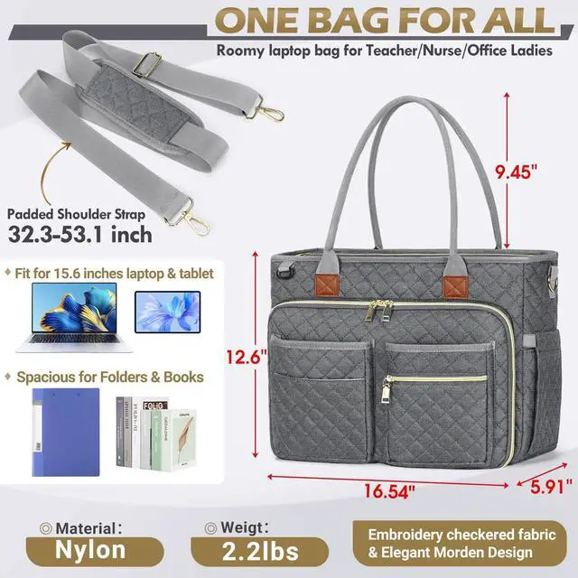 Alt view image 4 of 5 - RAINSMORE Teacher Tote Bag 15.6 inch Laptop Bag for Women Work Bags Laptop Tote Nurse Bag Professional Computer Messenger with Insulated Pocket, Laptop Briefcase for Office, College, Nursing, Grey