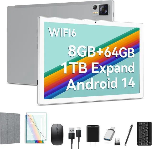 Main image of Qukenk 2025 Latest Android 14 Tablet WIFI6 Large Storage 8GB RAM (4+4 Virtual) + 64GB ROM+512GB, Octa-Core 2 in 1 Tablet with Keyboard, 7000mAh Tablets 10.1 Inch Screen, Bluetooth/Case/Mouse