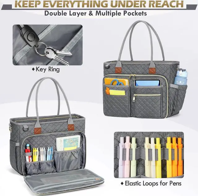 Alt view image 3 of 5 - RAINSMORE Teacher Tote Bag 15.6 inch Laptop Bag for Women Work Bags Laptop Tote Nurse Bag Professional Computer Messenger with Insulated Pocket, Laptop Briefcase for Office, College, Nursing, Grey