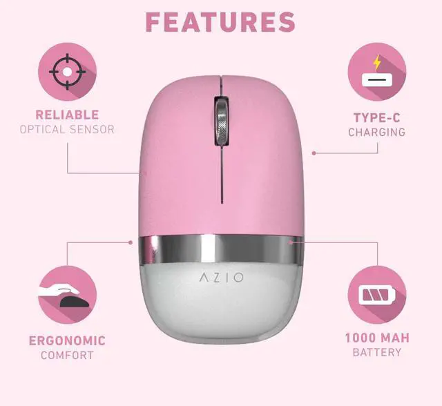 Alt view image 5 of 5 - Azio IZO Wireless Optical Mouse - Bluetooth 3.0 & 5.0/2.4G RF-USB, Ambidextrous Design, PixArt PAW3212 Sensor, 1000/1600/2400 DPI, Rechargeable, Pink & Silver - PC & Mac, Pink Blossom (IM408)
