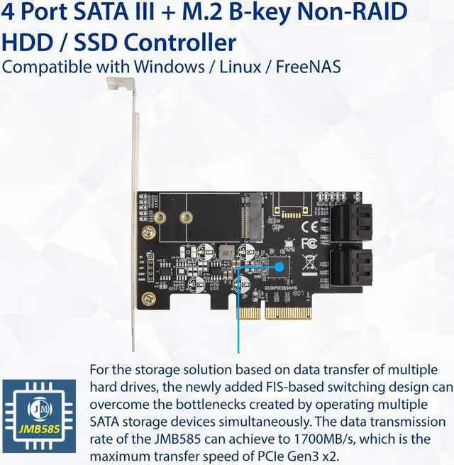 Alt view image 4 of 5 - IO Crest SI-PEX40138 Internal 4 Port Non-Raid SATA III 6GB/S with M.2 B-Key 22x42 Pci-E X4 Controller Card for Desktop PC Support SSD and HDD with Low Profile Bracket. JMB585 Chipset