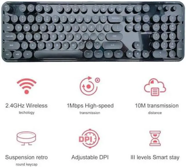 Alt view image 3 of 5 - STIVIC Wireless Keyboard and Mouse Combo, Retro Style Keyboard with Round Keycaps, 2.4GHz Dropout-Free Connection Mouse with 3 Adjustable DPI for Windows Notebook PC (Black)