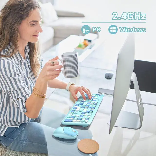 Alt view image 3 of 5 - Dilter Wireless Keyboard and Mouse Combo, 2.4G Slim Full-Sized Office Keyboard and Mouse for PC Computer Desktop Laptops Windows (Blue Colorful)