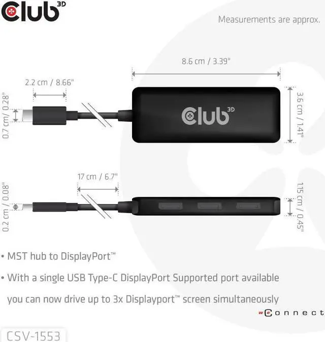 Alt view image 2 of 5 - Club 3D CSV-1553 USB Type C(DP Alt-Mode 2.1) to DisplayPort Triple Monitor 4K60Hz M/F MST hub