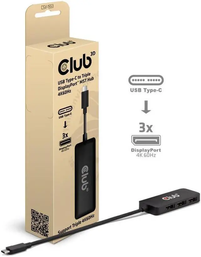 Alt view image 3 of 5 - Club 3D CSV-1553 USB Type C(DP Alt-Mode 2.1) to DisplayPort Triple Monitor 4K60Hz M/F MST hub