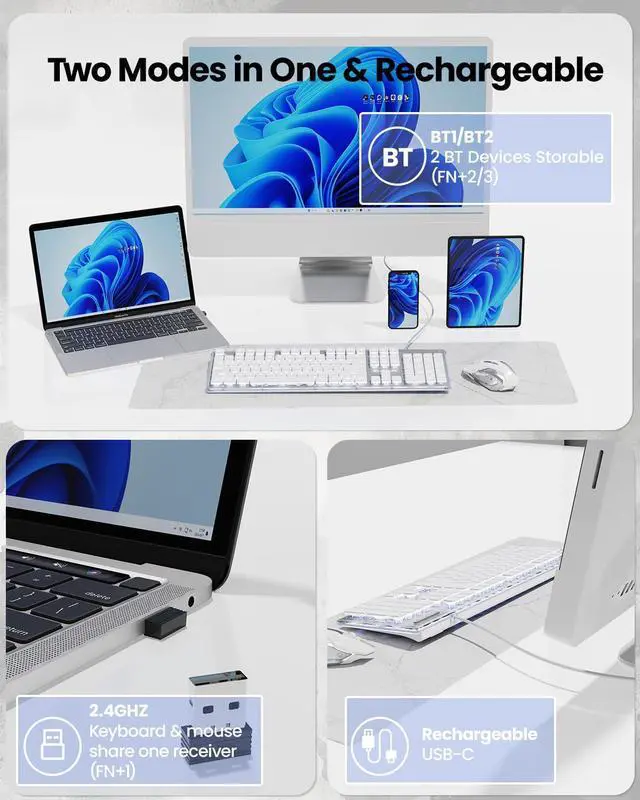 Alt view image 3 of 5 - SEUNKWANG V3 Wireless Keyboard and Mouse with Single Backlit, Metal Panel, Bluetooth/2.4G Rechargeable Computer Keyboard and Mouse Combo Silent Light up Full Size Cute Keyboards-White