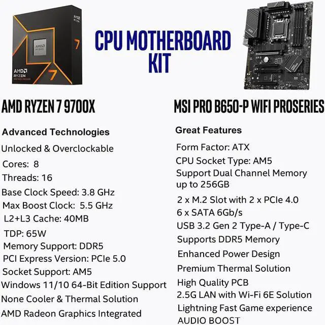 Alt view image 2 of 5 - INLAND CPU Motherboard AMD Ryzen 7 9700X 8-Core 16-Thread AM5 5.5 GHz Unlocked Desktop Processor with MSI PRO B650-P WiFi ProSeries Motherboard (ATX, DDR5, PCIe 4.0)