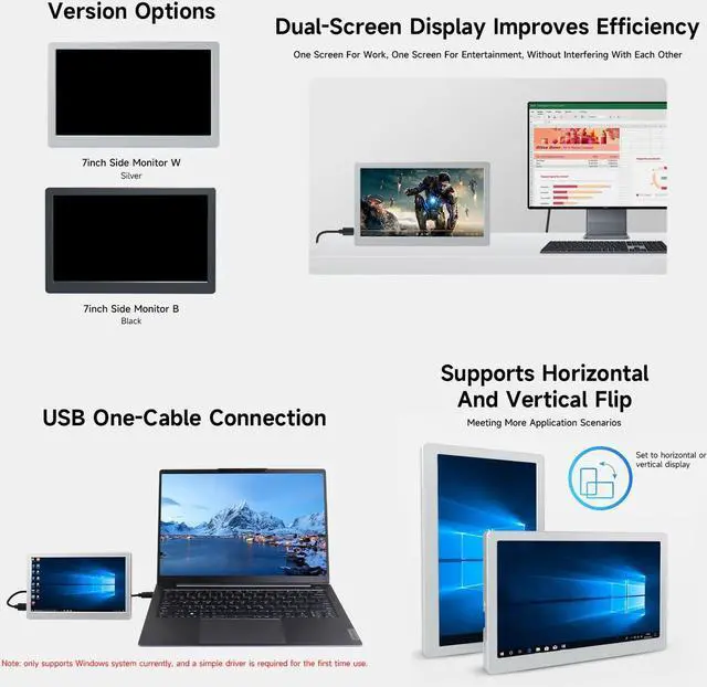 Alt view image 4 of 5 - waveshare 7inch IPS Side Monitor, Extended Monitor Windows 7/8/10/11, 1024x600 IPS Display Panel, Supports Horizontal and Vertical Flip, Up to 170° Viewing Angle, USB One-Cable Connection, Black