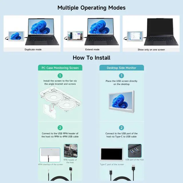 Alt view image 5 of 5 - waveshare 7inch IPS Side Monitor, Extended Monitor Windows 7/8/10/11, 1024x600 IPS Display Panel, Supports Horizontal and Vertical Flip, Up to 170° Viewing Angle, USB One-Cable Connection, Black