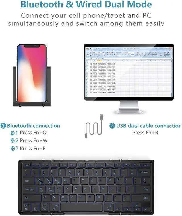 Alt view image 5 of 5 - iClever BK05 Bluetooth Keyboard with 3-Color Backlight, Bluetooth 5.1 Multi-Device Foldable Keyboard with Aluminum Alloy Base for iOS Windows Android Tablets, Smartphones, Laptops, PC and More